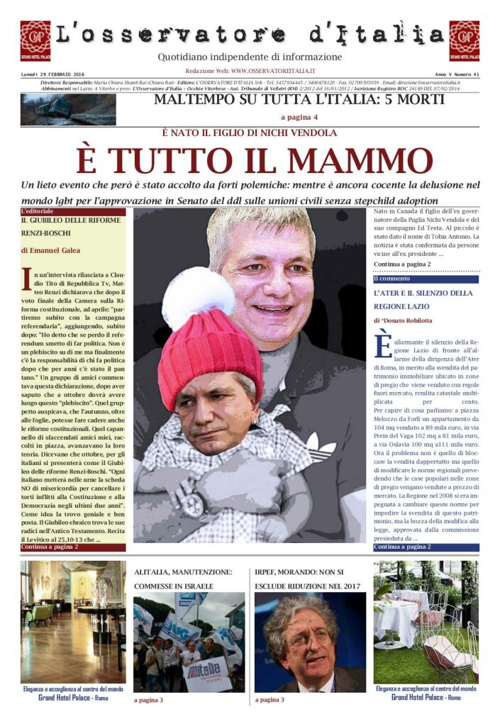 L'osservatore d'Italia edizione del 29 Febbraio 2016